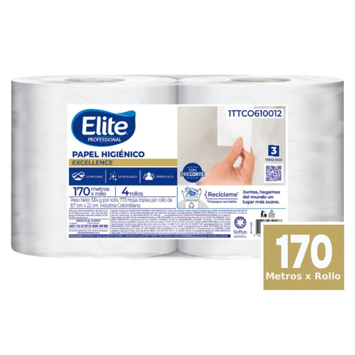 PAPEL HIGIÉNICO ELITE JUMBO TRIPLE HOJA EXTRABLANCO 170 MTS 1TTCO610012