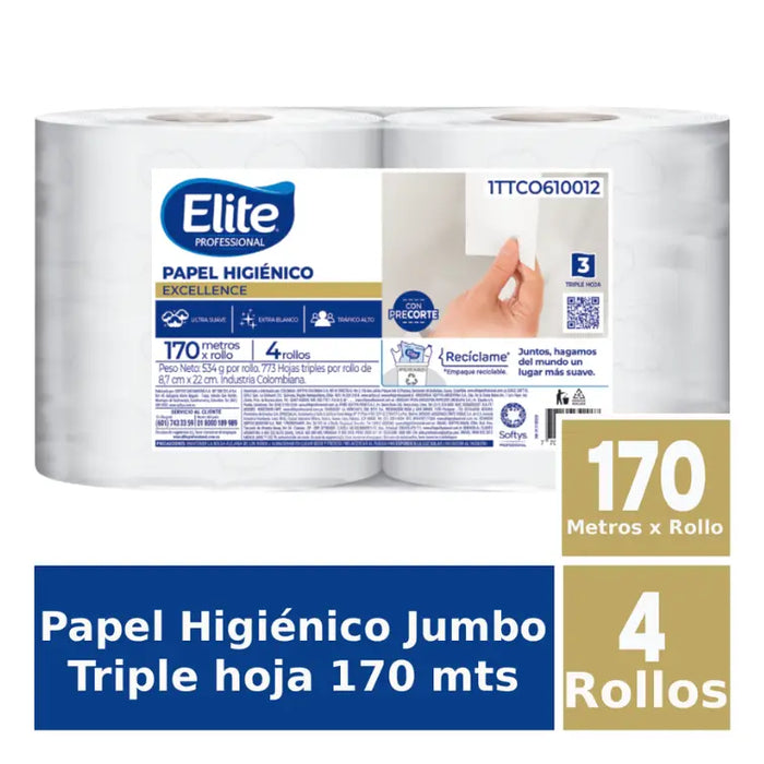 PAPEL HIGIÉNICO ELITE JUMBO TRIPLE HOJA EXTRABLANCO 170 MTS 1TTCO610012