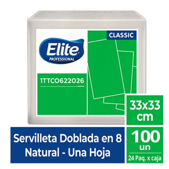 SERVILLETA ELITE NATURAL HOJA SENCILLA DOBLADA EN 8 33x33 x 100 1TTC0622026